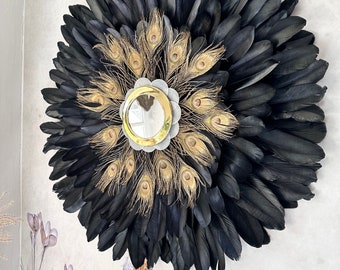 Jujuhat “LE NAQQĀRA BLACK” – black feathers & peacock feathers – gilded brass mirror and mother-of-pearl – 65 or 80 cm