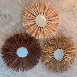Trio of RAFFIA SUN MIRRORS (natural + brown + gold)
