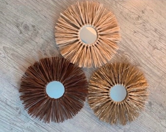Trio of RAFFIA SUN MIRRORS (natural + brown + gold)