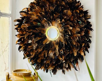 JUJUHAT “THE JACKSON” in black and brown feathers with Moroccan gold mirror – chic ethnic wall decoration 68cm
