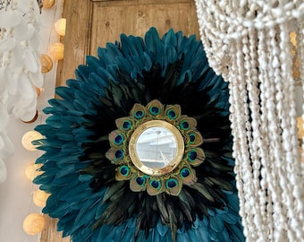JUJUHAT "GEORGIOS" in blue and black feathers and its gilded brass mirror