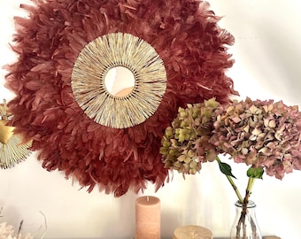 JUJUHAT "THE GALACTIC" in terracotta feathers with sunburst mirror and gold raffia – ethnic chic wall decoration