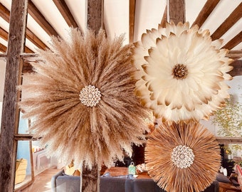 PAMPLEMOUSSE wall trio – Juju Hats in feathers, pampas and raffia – Handmade boho wall decoration in natural materials