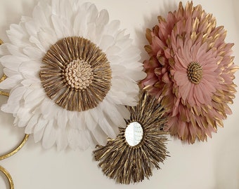 “GOLDEN PINK” trio in pink and white feathers and gold raffia