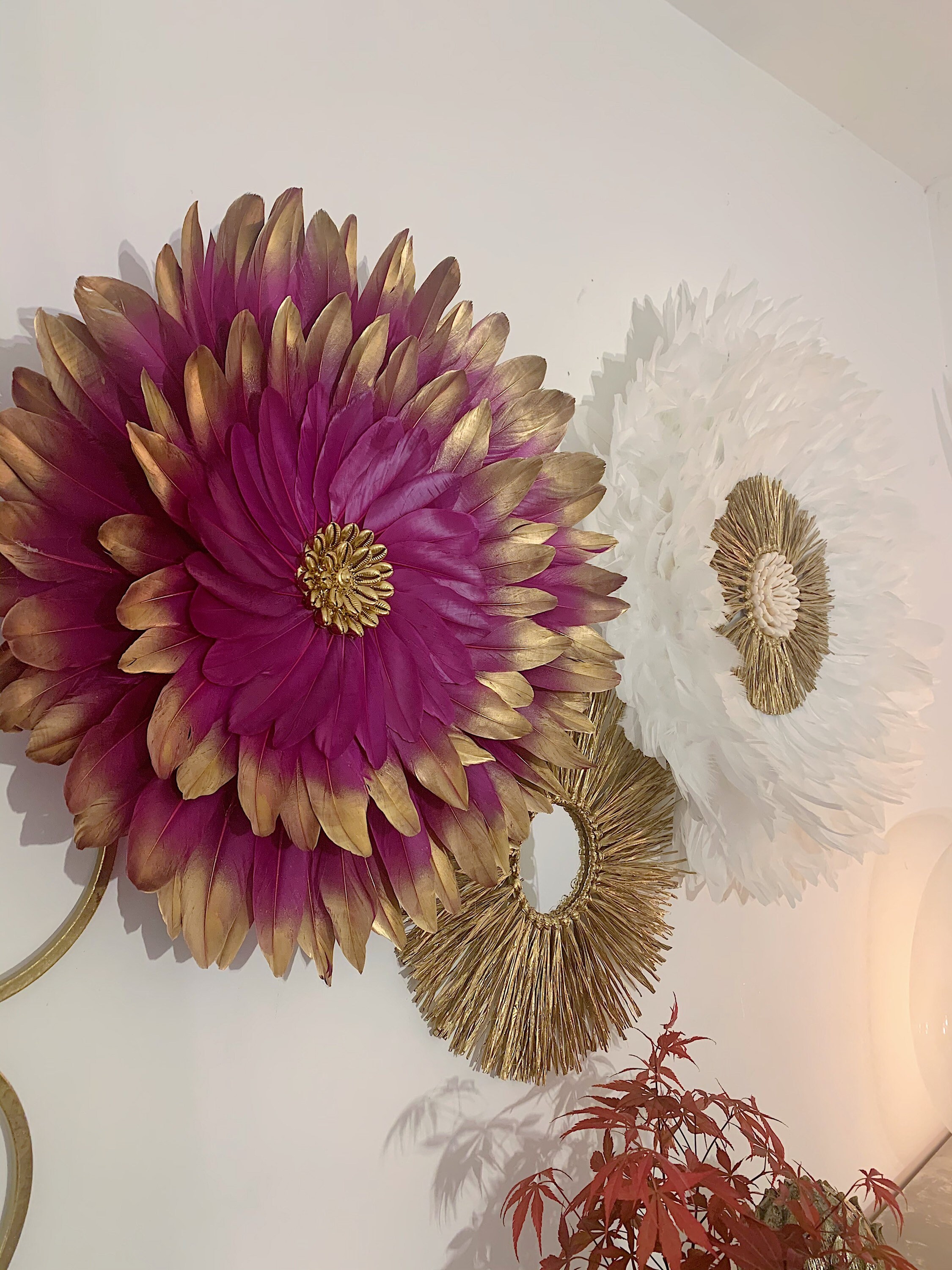 Trio Golden Pourpre Jujuhats et Raphia Pourpre, Blanc Doré avec Coquillages Cauris