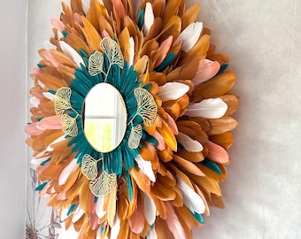 JUJUHAT "THE MANHATTAN" – Wall decoration in brown feathers, peacock and Art Deco mirror