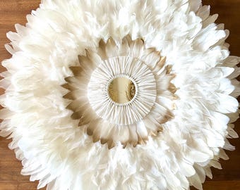 JUJU HAT white and gold – L’APOLLON – wall decoration in natural feathers with mirror and raffia