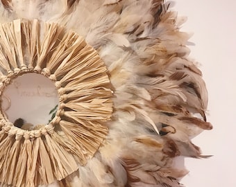 Juju Hat “Indian Summer” – wall decoration made of natural feathers, raffia and mirror of your choice