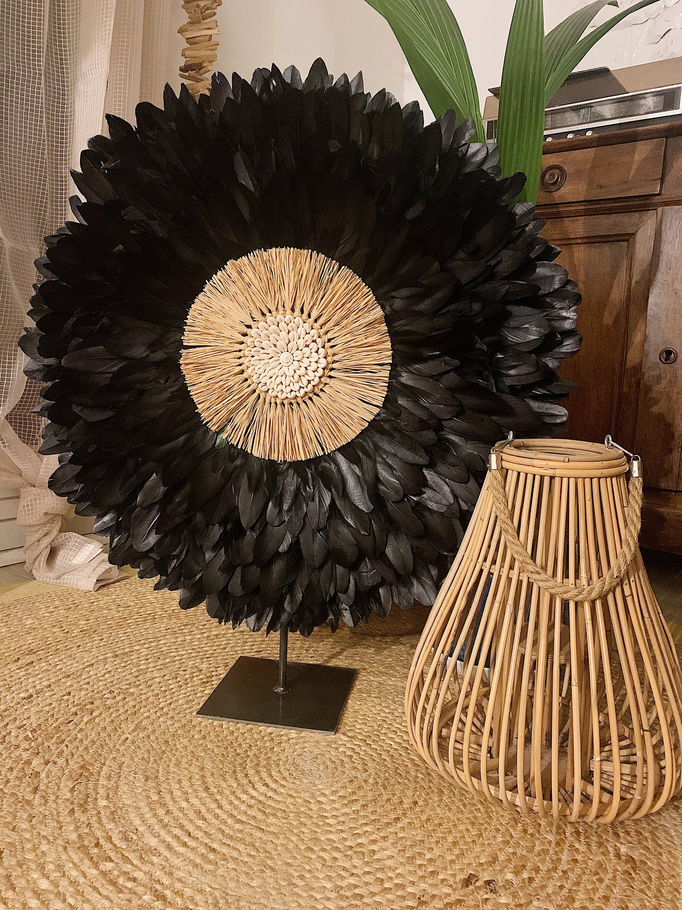 Jujuhat New Black en Plumes Noires Er Son Coeur Raphia et Coquillages Cauris