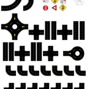 May include: A collection of black road pieces with yellow dashed lines, including curves, intersections, and a roundabout. Also included are stop signs, yield signs, and bicycle crossing signs. The words "Discover Traffic Gardens" are in a floral frame.