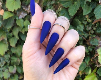 pics Dark Blue Matte Coffin Nails matte blue nails etsy