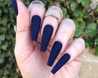 pic Dark Blue Matte Coffin Nails salon quality press on nails reusable