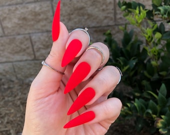 images Coffin Baddie Red Acrylic Nails red press on nails etsy