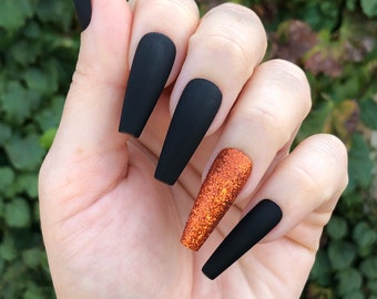 Black & Glitter Orange Press On Nails | Matte or Glossy | Choose Your Shape | Coffin Nails | Stiletto Nails | Fake Nails | Glue on Nails