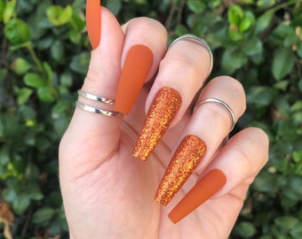 Burnt Orange Glitter Press On Nails | Matte or Glossy | Choose Your Shape | Reusable | Coffin Nails | Stiletto Nails | Glue on Nails