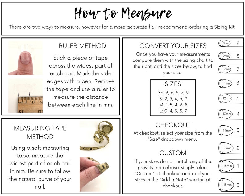May include: A guide on how to measure finger size for rings. The image shows two methods: using a ruler and a measuring tape. It also includes a chart to convert measurements to ring sizes.