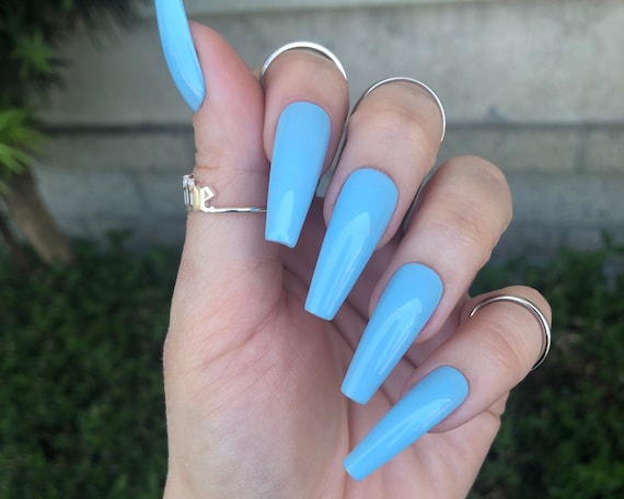 Deep Sky Blue Press On Nails Matte or Gloss Choose Your Shape Reusable Coffin Nails Stiletto Nails Fake Nails Glue on Nails Etsy Polska