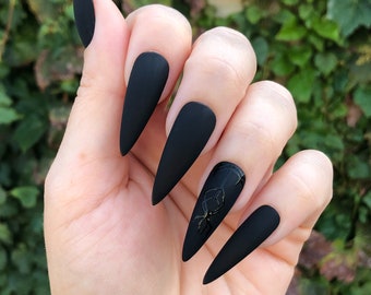 Spooky Web & Spider Black Press On Nails | Choose Your Shape | Coffin Nails | Stiletto Nails | Fake Nails | Glue on Nails | Spider Nails