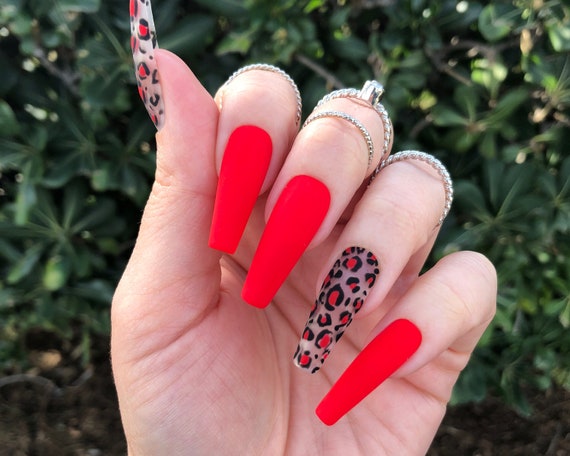 Red Leopard Print Press on Nails Choose Your Shape Reusable Coffin