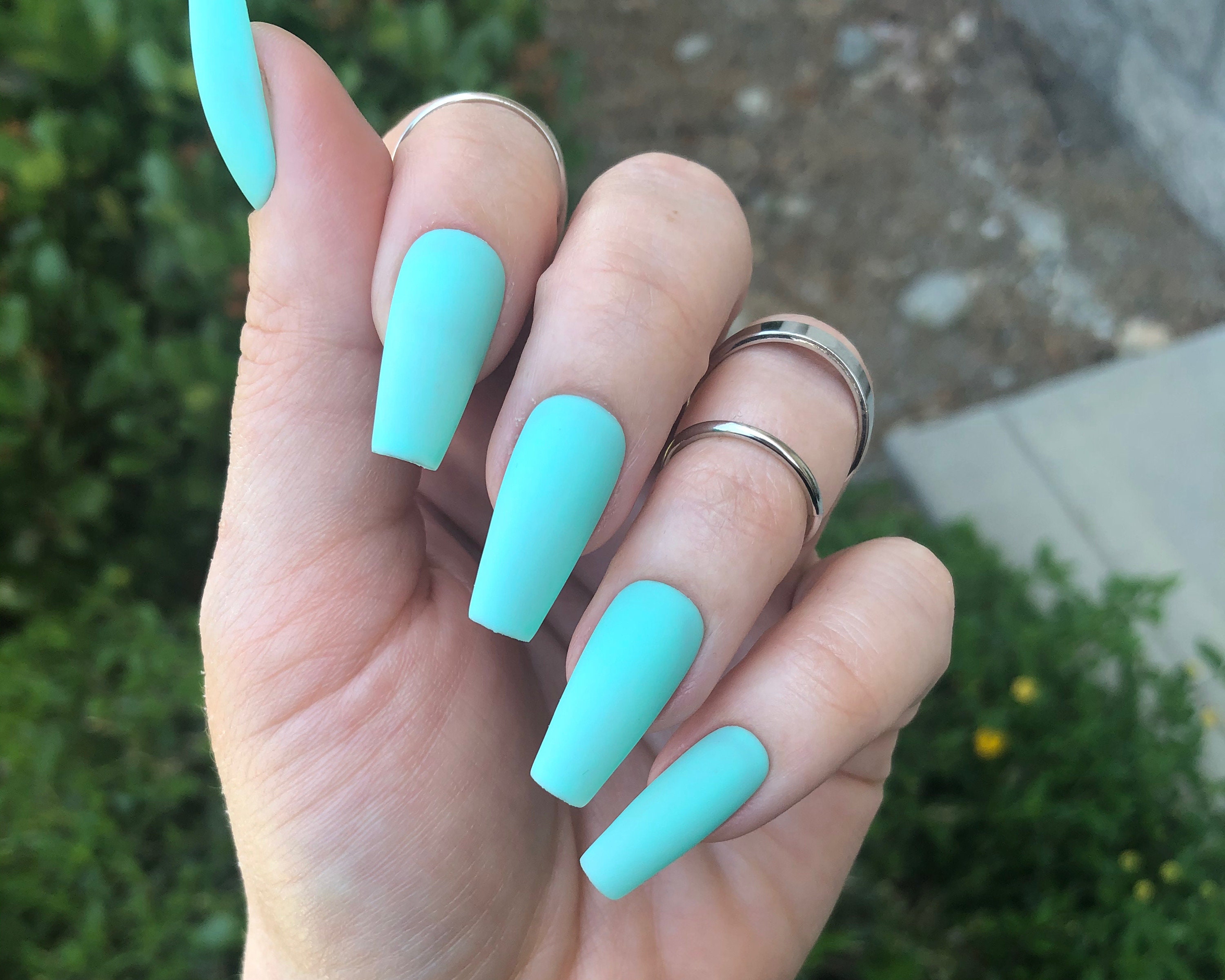 Press On Nails UK -Siren- Coffin Nails Aqua Blue Mermaid Ombre Rhinest –  Youaregoldbeauty