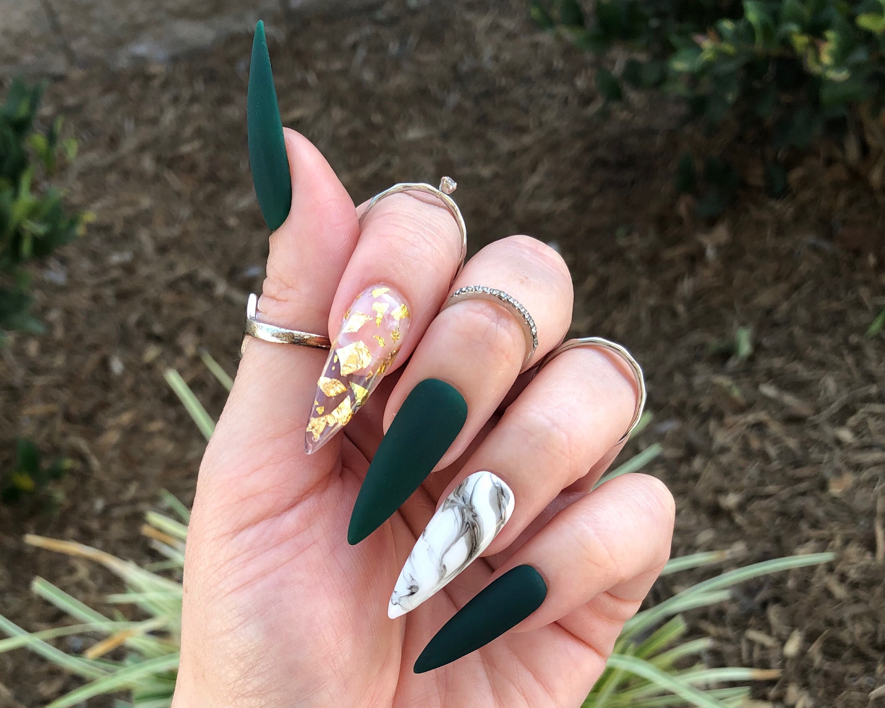 Deep Green Gold Flakes Marble Print Press on Nails Choose - Etsy