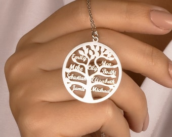 Collier familial nom collier arbre généalogique | Collier Arbre de Vie en Argent 925 et Or 14 carats | jusqu'à 9 noms souhaités cadeau pour femme cadeau de fête des mères