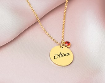 Plättchen Halskette mit Geburtsstein - Personalisierte Kette mit Name Namenskette mit Wunschname | Name Halskette Kette Valentinstaggeschenk