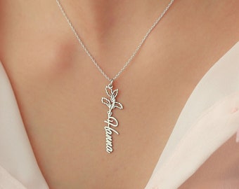 Personalisierte Geburtsblume Namenskette  Zierlicher personalisierter minimalistischer Schmuck, Halskette für Frauen Muttertagsgeschenk