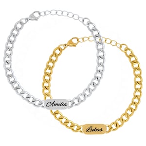 Personalized partner bracelet with desired name and engraving. Bracelet personalized for couples man woman ID plate pendant Mother&#39;s Day gift.