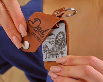 Leather keychain with photo engraving, custom engraving, text engraving, personalized keychain pendant, Father's Day gift