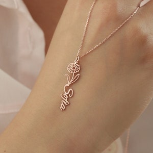 Collier personnalisé avec nom de fleur de naissance, bijoux minimalistes personnalisés délicats, collier pour femmes, cadeau de fête des mères image 1