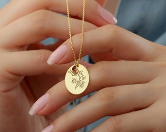 Birth flower necklace with birthstone | Personalized engraving | Floral necklace | Oval disc | Name necklace |