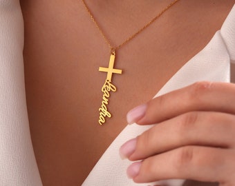 Collana con ciondolo personalizzato con nome croce, regalo religioso cristiano per la sua collana con nome delicato personalizzato, regalo per la festa della mamma