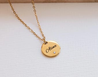 Zirconia disc personalized necklace with name engraving, engraved necklace, gift necklace with name for mom, for her, Mother's Day gift