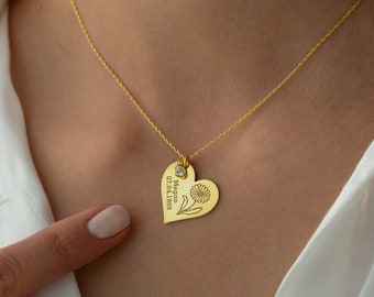 Personalized heart name necklace with birth flower. Delicate personalized jewelry, pendant necklace for women, Mother's Day gift.
