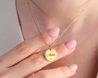 Zirconia disc personalized necklace with name engraving, engraved necklace, gift necklace with name for mom, for her, Mother's Day gift