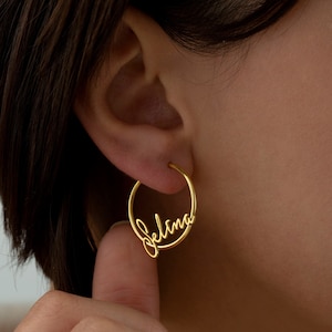 Pendientes con nombre de firma circular personalizados | Pendientes personalizados con nombre plata 925 | Regalo para mamá Regalo del día de la madre