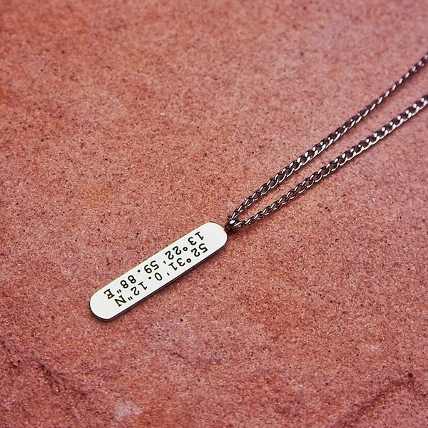 Personalized Column Necklace Bar Necklace with Name Coordinates Engraving Engraved Necklace Gold Silver for Man Woman | Mother's Day Gift