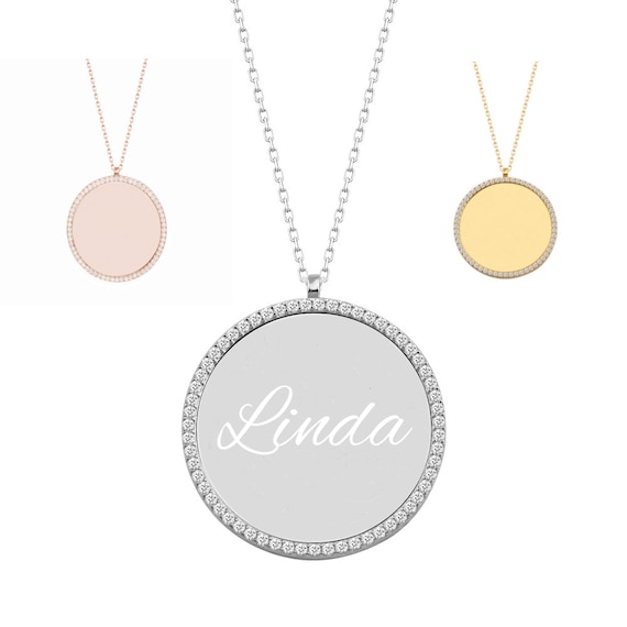 アクセサリー Engraved Plate Pendant Necklace With Zirconia Plate Pendant With Engraving Made of 925