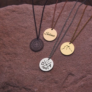 Personalized Plate Necklace with Engraving 20 mm Birth Flower Zodiac Sign Silver, 18K Gold Engraved Chain Christmas Gift