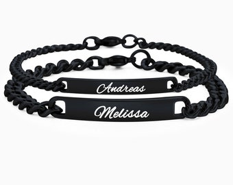 Bracciale nero personalizzato per partner Bracciale con incisione del testo desiderato per coppie uomo donna ciondolo con targhetta identificativa regalo per la festa della mamma