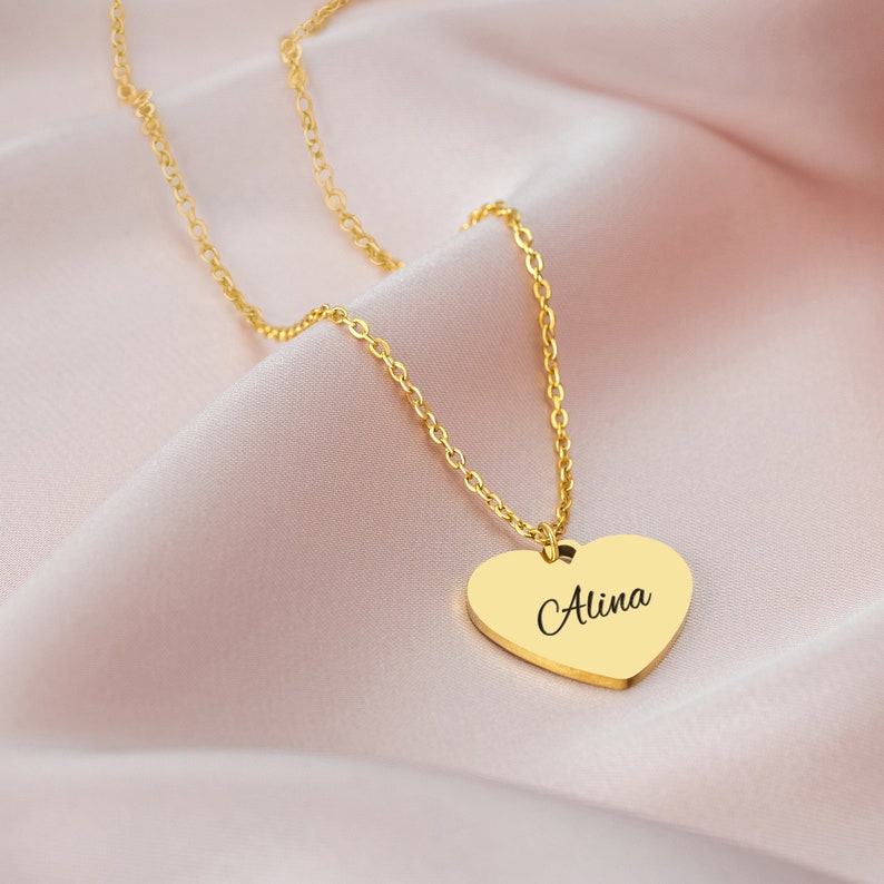 Personalisierte Herz Plättchen Halskette mit Gravur Namen Kette mit Gravur Wunschgravur Namenskette Familien Halskette Muttertagsgeschenk Gold