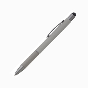 Metall Soft Touch Kugelschreiber mit Touch Pen Stylus Wunschgravur Textgravur Beschriftung Abteilung Personalisiert Muttertagsgeschenk Grau