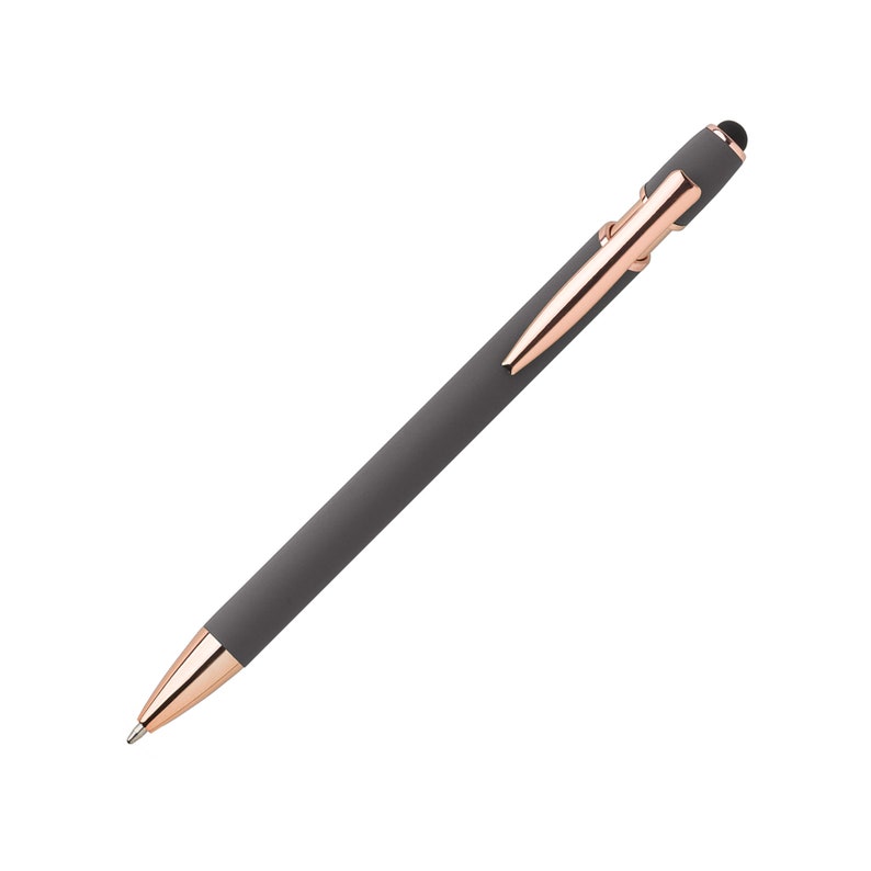 Metall Soft Touch Kugelschreiber mit Touch Pen Stylus Wunschgravur Textgravur Beschriftung Abteilung Personalisiert Muttertagsgeschenk Grau