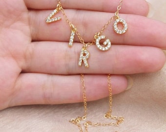 Buchstaben Namenskette Halskette mit Zirkonia Steinen | Personalisierter Initial Schmuck | 925 Silber 14 Karat vergoldet Muttertagsgeschenk