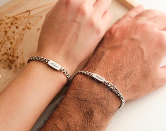 Personalized silver partner bracelet, handmade with engraving, bracelet for couples, man and woman, Mother's Day gift