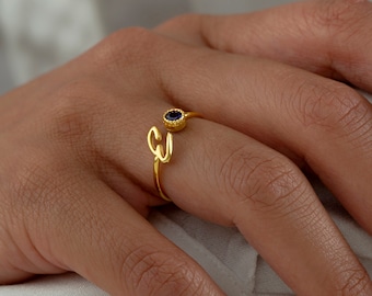 Birthstone Letter Ring - Initial Ring in 925 Sterling Silver - Silver Jewelry - Women's Ring Gift for Mom Mother's Day Gift