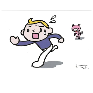 May include: Cartoon illustration of a person running away from a pink bear. The person is wearing a blue shirt and white pants, with a look of panic. The bear has a red bow and is also moving.