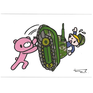 May include: A cartoon illustration depicts a pink bear pushing a green camouflage tank, while a person in a blue uniform and green hat is falling. The artwork is on a white background.