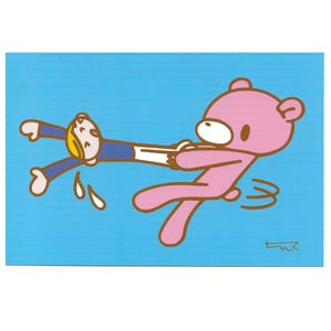 May include: A cartoon illustration on a blue background depicts a pink bear pulling a person in a blue suit. The person is being pulled apart, with water droplets. The bear has a brown nose and ear. The illustration has a simple, graphic style.